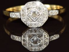 Art Deco 18ct gold ring set with diamonds in a platinum setting, 2.6g, size S