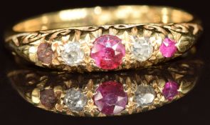 An 18ct gold ring set with two rubies and two diamonds (one ruby missing), London 1923, 3g, size N