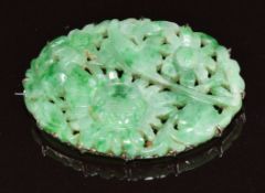 A 9ct white gold brooch set with carved jade in the form of flowers (unmarked), 10.6g, 4 x 2.8cm