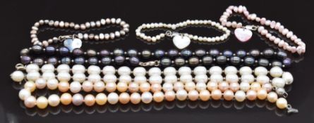 Three single strands of freshwater pearls and three bracelets