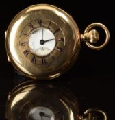 Unnamed 9ct gold keyless winding half hunter pocket watch with subsidiary seconds dial, blued hands,