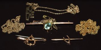 Three 9ct gold chains, a 9ct gold pendant reading 'Love' (7.2g), 9ct gold fly brooch and two other