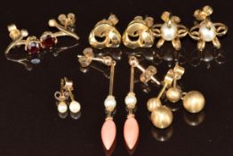 Five pairs of 9ct gold earrings, including one pair set with coral and pearls, one with garnets