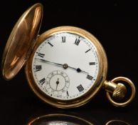 Unnamed gold plated keyless winding full hunter pocket watch with subsidiary seconds dial, blued