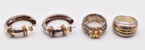 Two silver rings with applied 18ct gold decoration and a pair of silver earrings also with applied