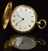 Continental yellow metal full hunter pocket watch with blued Breguet hands, black Roman numerals,