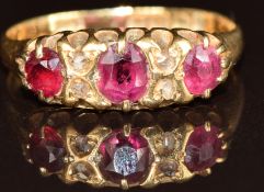 An 18ct gold ring set with rubies, a replacement spinel and diamonds, Birmingham 1901, 3g, size O