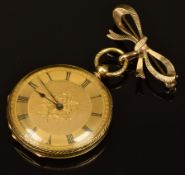 Martin & Co of Cheltenham 18ct gold open faced pocket watch with blued hands, black Roman