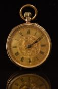 Unnamed 9ct gold keyless winding open faced pocket watch with blued hands, black Roman numerals,