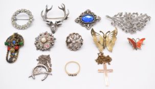 A silver butterfly brooch set with enamel, 9ct gold ring (1.3g), 9ct gold cross (1g), WBs silver