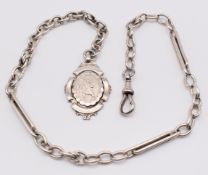 Hallmarked silver Albert/ watch chain made up of oval and elongated links, with St Christopher