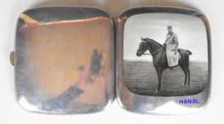 Austrian silver and enamel cigarette case decorated with a picture of a man atop a horse and with