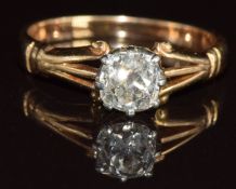 Victorian yellow metal ring set with an old cut diamond of approximately 0.5ct, 2.8g, size M
