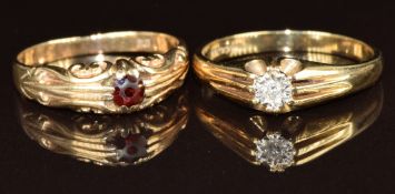 Two 9ct gold rings, one set with a diamond and the other a garnet, 5.8g, size R & T