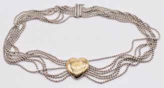 A seven strand necklace made up of sphere links, with 18ct gold plated heart pendant, 37.5g, 38cm