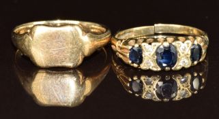 A 9ct gold signet ring (size M) and a 9ct gold ring set with sapphires and diamonds (band has been