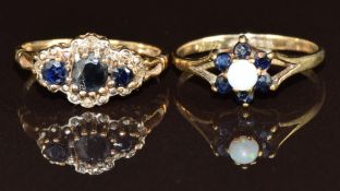 Two 9ct gold rings, one set with an opal surrounded by sapphires and the other sapphires and