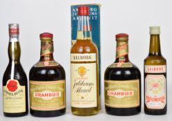 Five bottles of alcohol comprising Aalborg Akvavit 35cl 45%, Aalborg Jubilaeums Akvavit 70cl 45%