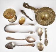 Hallmarked silver and white metal items comprising Victorian fiddle pattern sugar nips, two Georgian