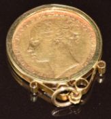 1884 gold full sovereign in 9ct gold pendant mount, 9.8g