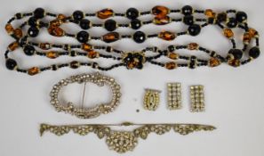 A silver buckle set with paste, Vendome necklace and a paste necklace