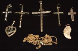 Five 9ct gold cross pendants, 'mother' pendant and a 9ct gold chain, 7.9g