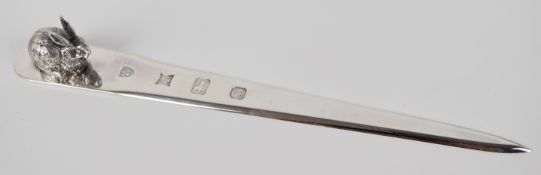 Elizabeth II novelty feature hallmarked silver letter opener or paper knife with applied rabbit,