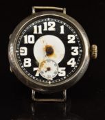 Military silver trench style gentleman's wristwatch with subsidiary seconds dial, Arabic numerals,