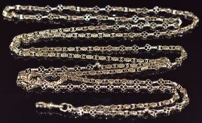 Victorian 9ct gold guard chain made up of pierced links, 29.7g, 144cm