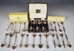Hallmarked and continental silver spoons and tongs comprising sets of eight and six Dutch silver