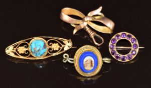 A 9ct rose gold bow brooch (2.8g), 9ct gold circular brooch set with amethysts, 19thC brooch set