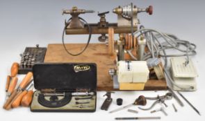 19th or early 20th century watchmaker's lathe with Jones electric motor drive, together with a