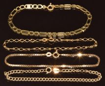 Four 9ct gold bracelets, 9g