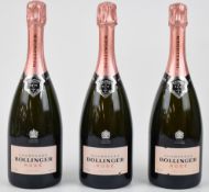 Three bottles of Bollinger Rosé Champagne, 75cl, 12% vol. PLEASE NOTE ALL ALCOHOL & TOBACCO ITEMS