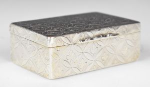 Likely continental silver snuff or similar box with engraved decoration and gilt interior, length