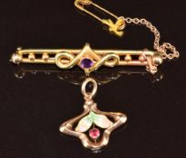 Edwardian 15ct gold brooch set with an amethyst (3.6g, 4.5cm) and a 9ct rose gold Art Nouveau