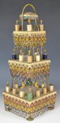 19th/20thC tiered cotton reel stand with pin cushion surmount, with beaded and fringed decoration,