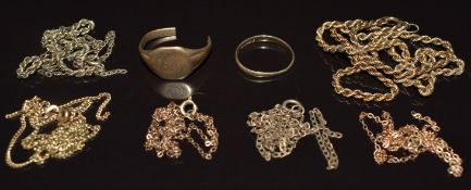 A collection of 9ct gold including sections of chains, signet ring (damaged, 14.6g) and 22ct gold