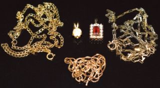 Three 9ct gold chains and pendant, 6g