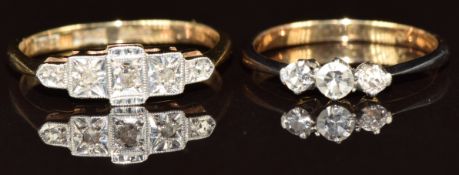 Art Deco 9ct gold ring set with three diamonds in a platinum setting and a 9ct gold ring set with