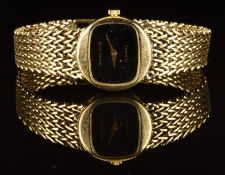 Bueche-Girod 9ct gold ladies wristwatch with gold dauphine hands, black dial and quartz movement, on