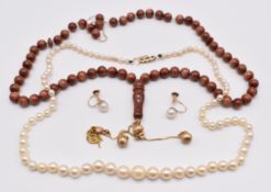 A single strand of cultured pearls with 9ct gold clasp, pair of 9ct gold earrings each set with a