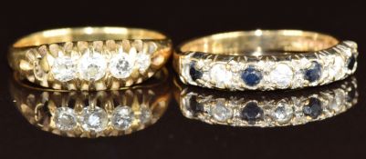 An 18ct gold ring set with diamonds (one missing, 2.6g, size K) and a 9ct gold ring set with