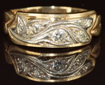 Art Deco 14k gold ring set with diamonds in a foliate design, the largest approximately 0.12ct, 3.