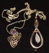 Two 9ct gold pendants, one set with diamonds and the other amethyst, with 9ct gold chain, 3.4g