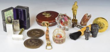 Collectibles including bronze figure of a soldier, 19thC portrait, salts, bronze sword fittings,