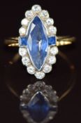Art Deco 18ct gold ring set with a marquise cut sapphire of approximately 2ct surrounded by two