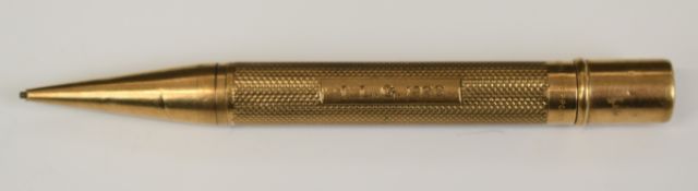 Samson Mordan 9ct gold propelling pencil with engine turned decoration, length 9cm, weight 20g