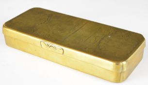 18th / 19thC Dutch brass tobacco box with engraved script and decoration to both sides of