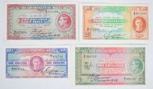 Four Government of Malta uncirculated banknotes comprising 1 shilling, 2 shilling, 2/6 and 5